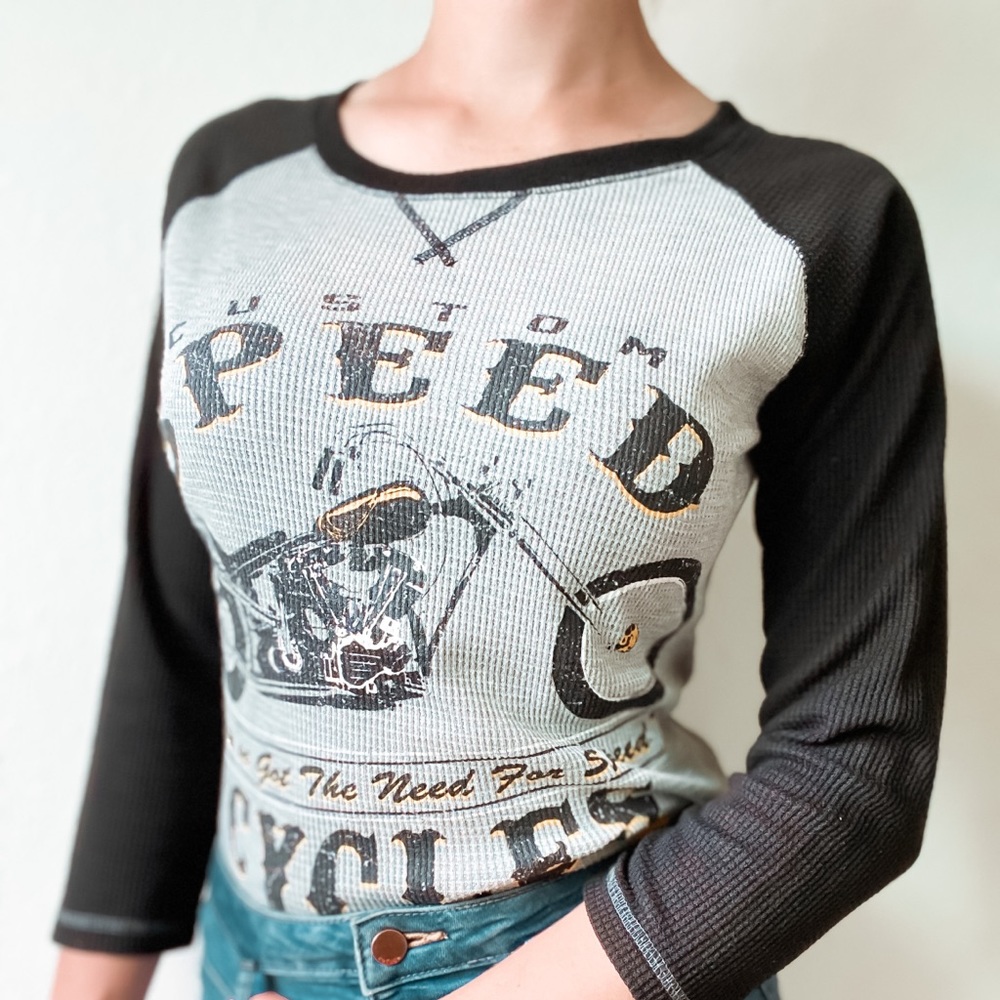 Vintage thermal motorcycle graphic long sleeve top